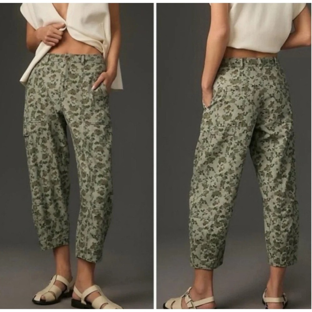Anthropologie Floral Camo Cargo Pants Size 4 Green Tan Cotton Utility OB1969183